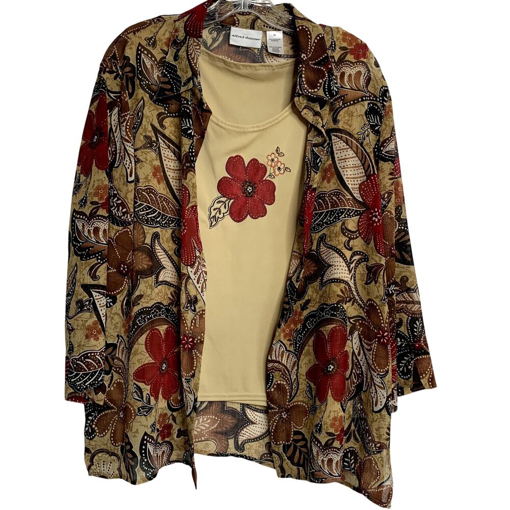 Alfred Dunner Womens Sz 16 Built in Tank Tunic 3/4 Sleeve Flowy Blouse Floral